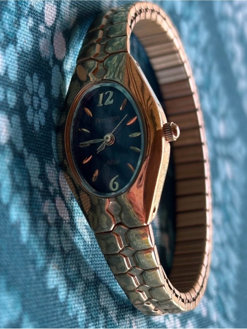 Armitron Rose Gold Tone Stretch Bracelet Watch with Blue Dial